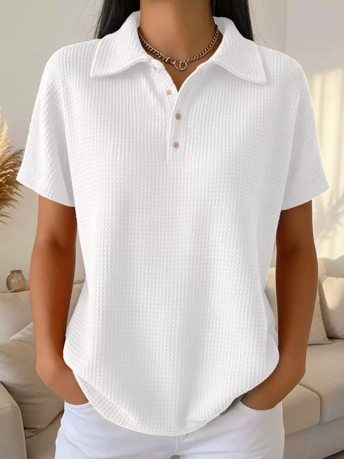 Waffle Knit Quarter-Button Polo T-Shirt — front view