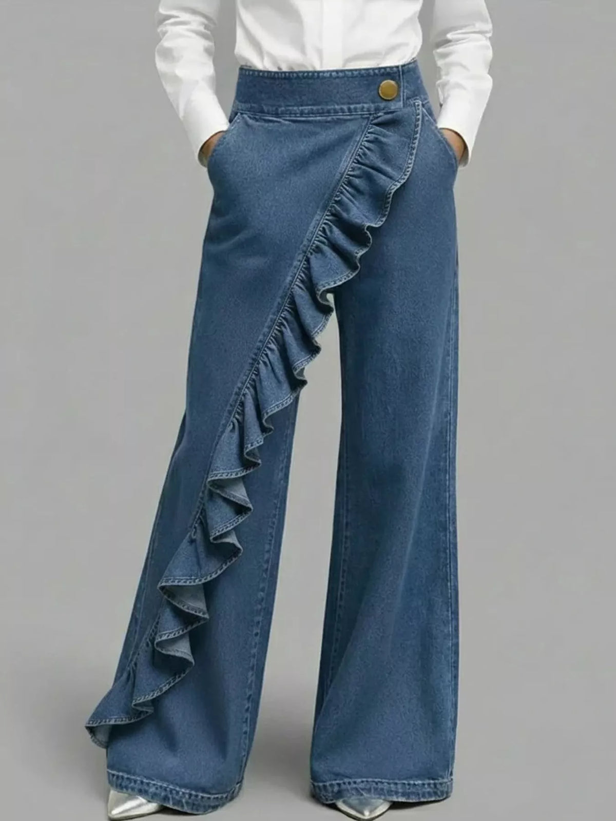 Asymmetrical Ruffled Wide-Leg Jeans in dark blue
