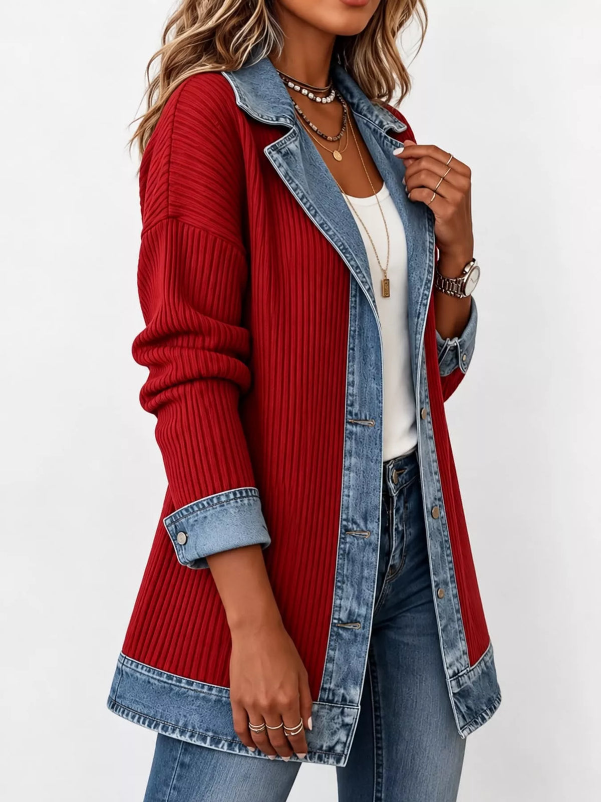 Red denim trim ribbed knit cardigan, side view