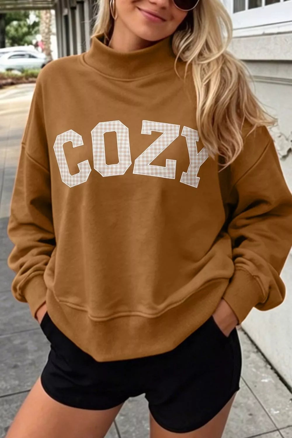 Trendsi Gingham Letter Mock Neck Sweatshirt -