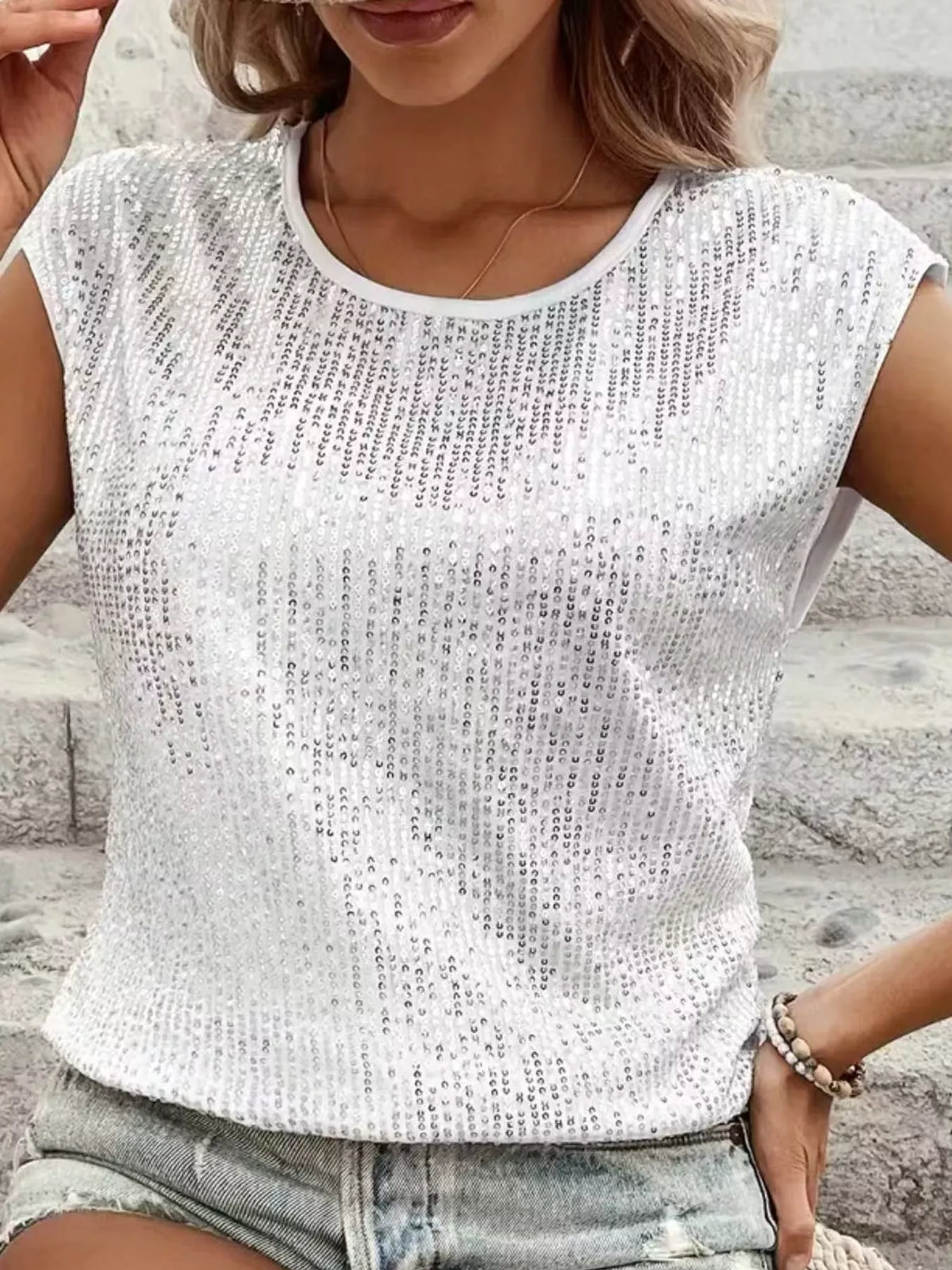White sequin round neck tank, front view