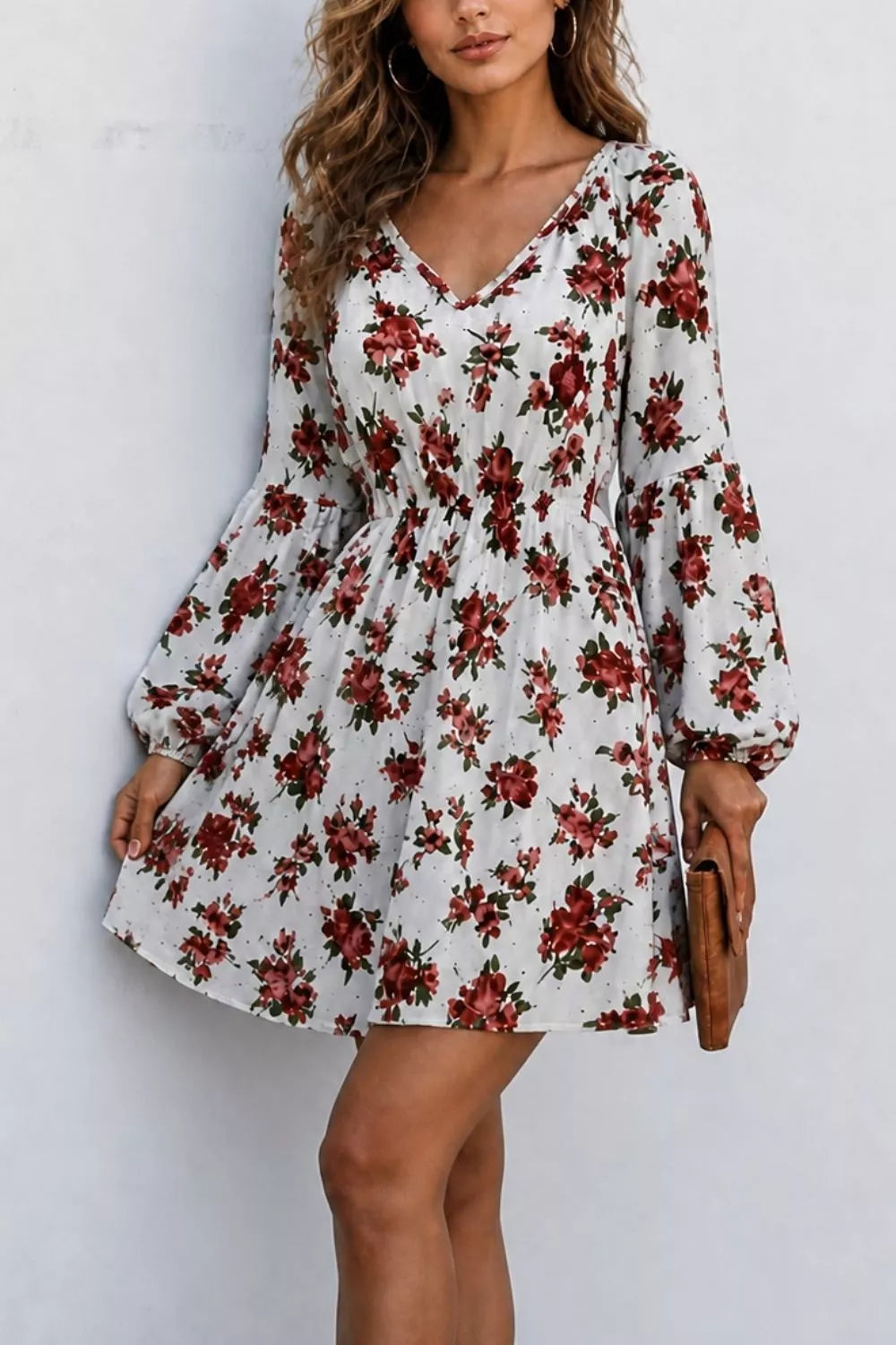 Trendsi Floral Print Balloon Sleeve Mini Dress -