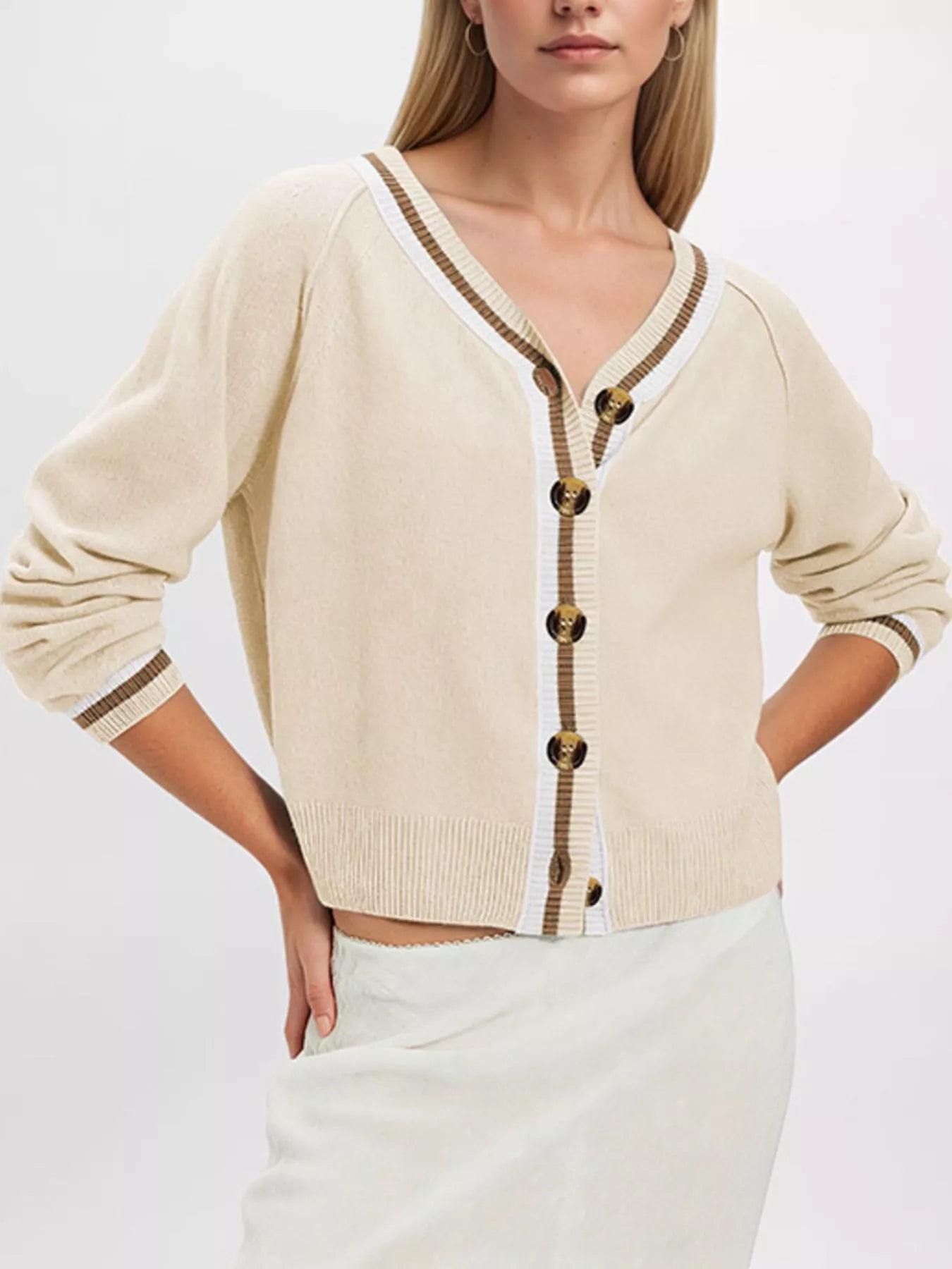 Trendsi Striped Trim Button-Down Cardigan -