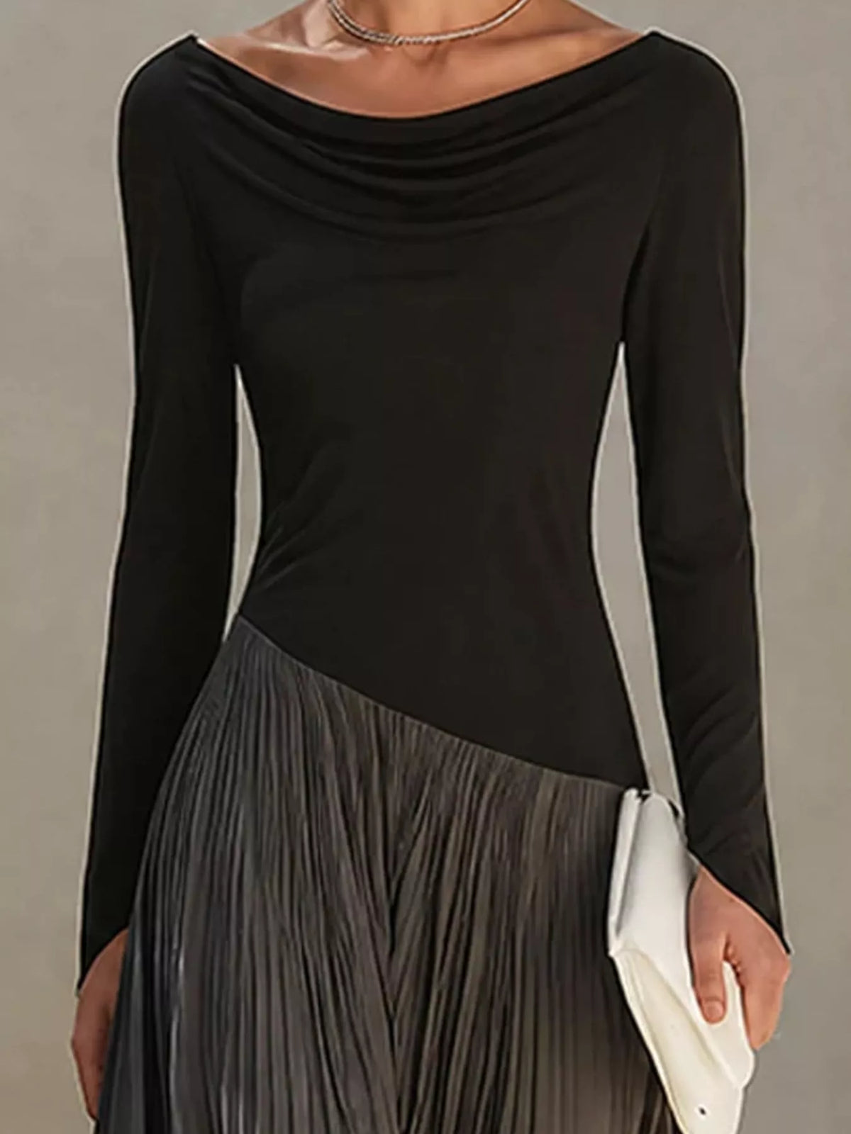 Cowl neck long sleeve maxi dress, construction and design details
