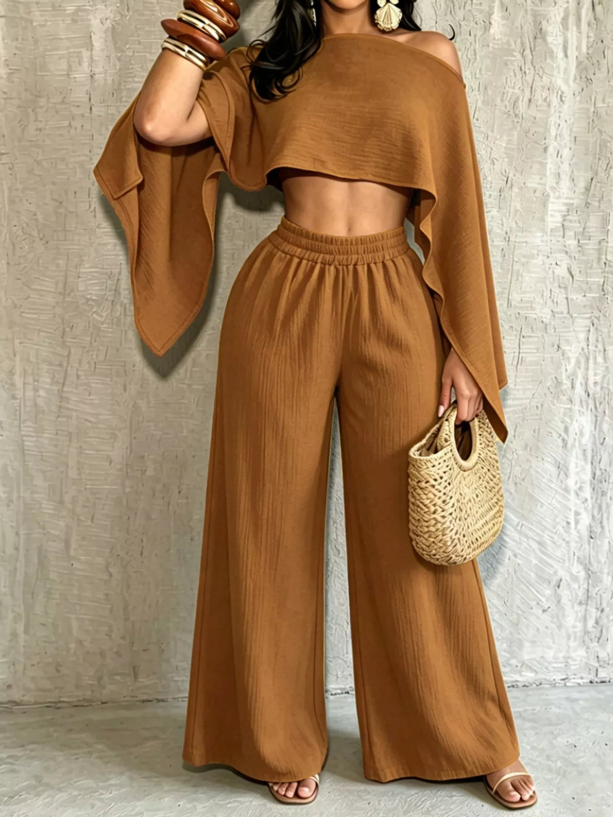 Women's Boat Neck Crop Top and Wide-Leg Pants Set in camel — front view