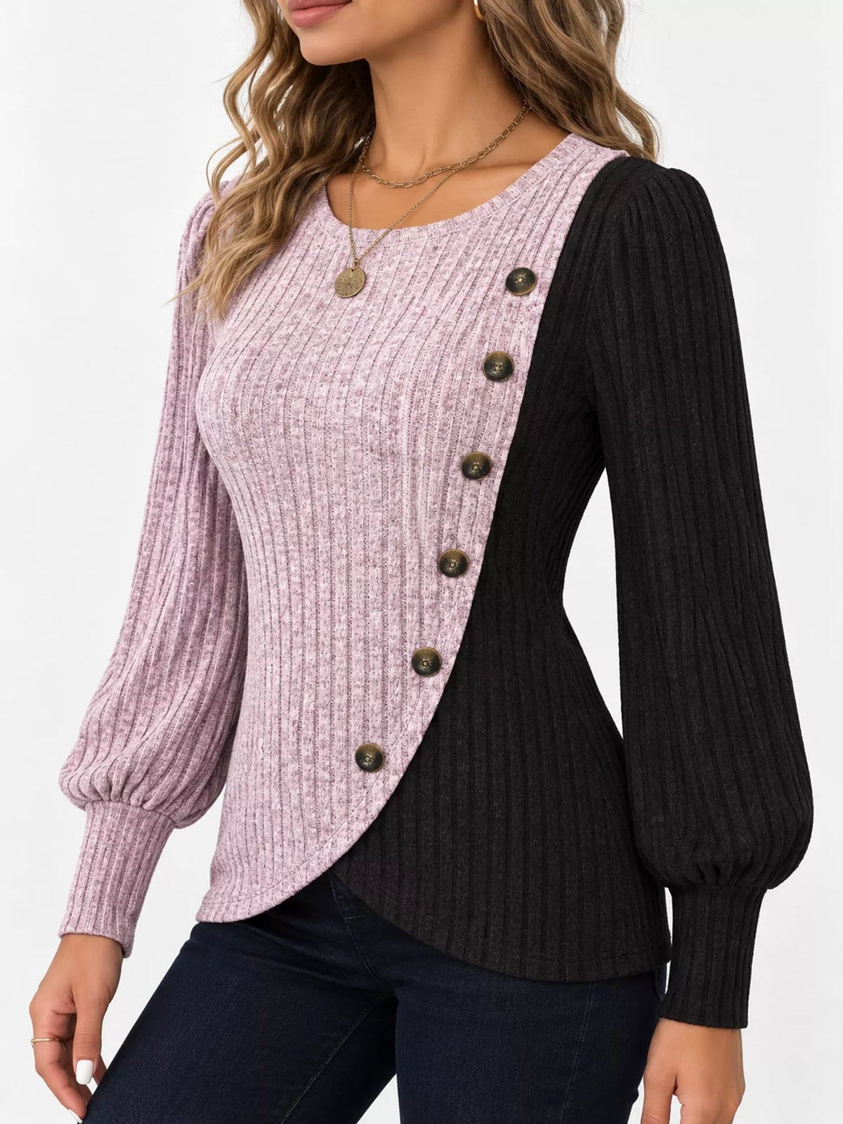 Color-Block Ribbed Knit Top with Decorative Side Buttons in pink