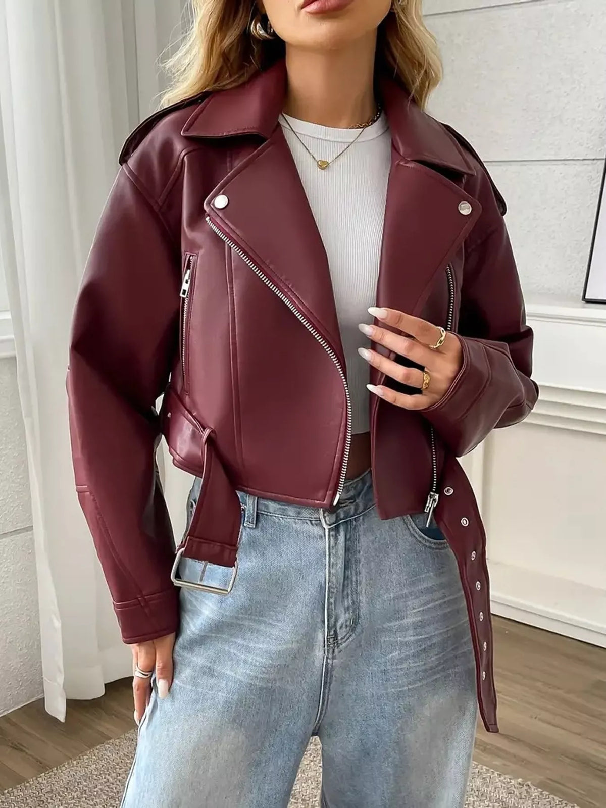 Faux Leather Zip Up Jacket in burgundy, front view