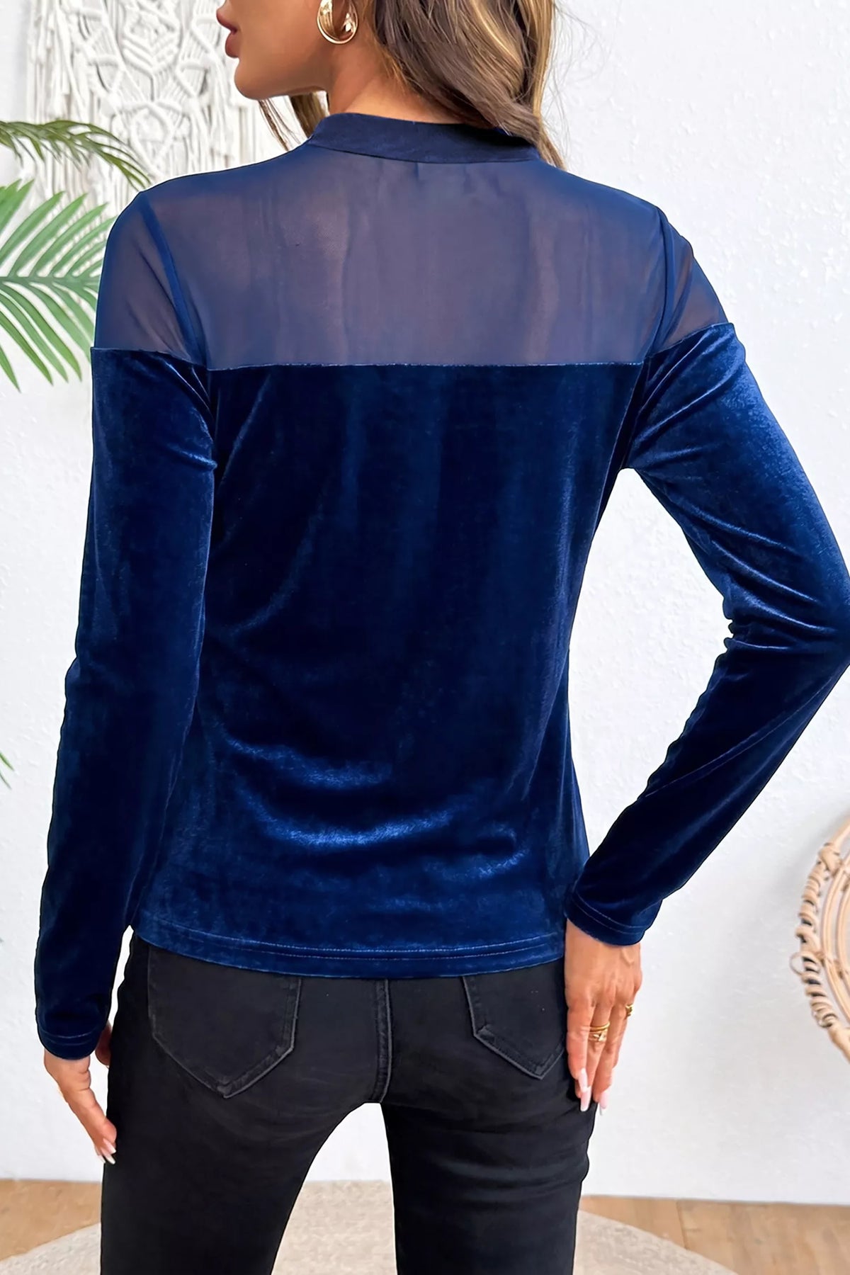 Navy velvet top with sheer yoke and long sleeves, back view showing sheer yoke.