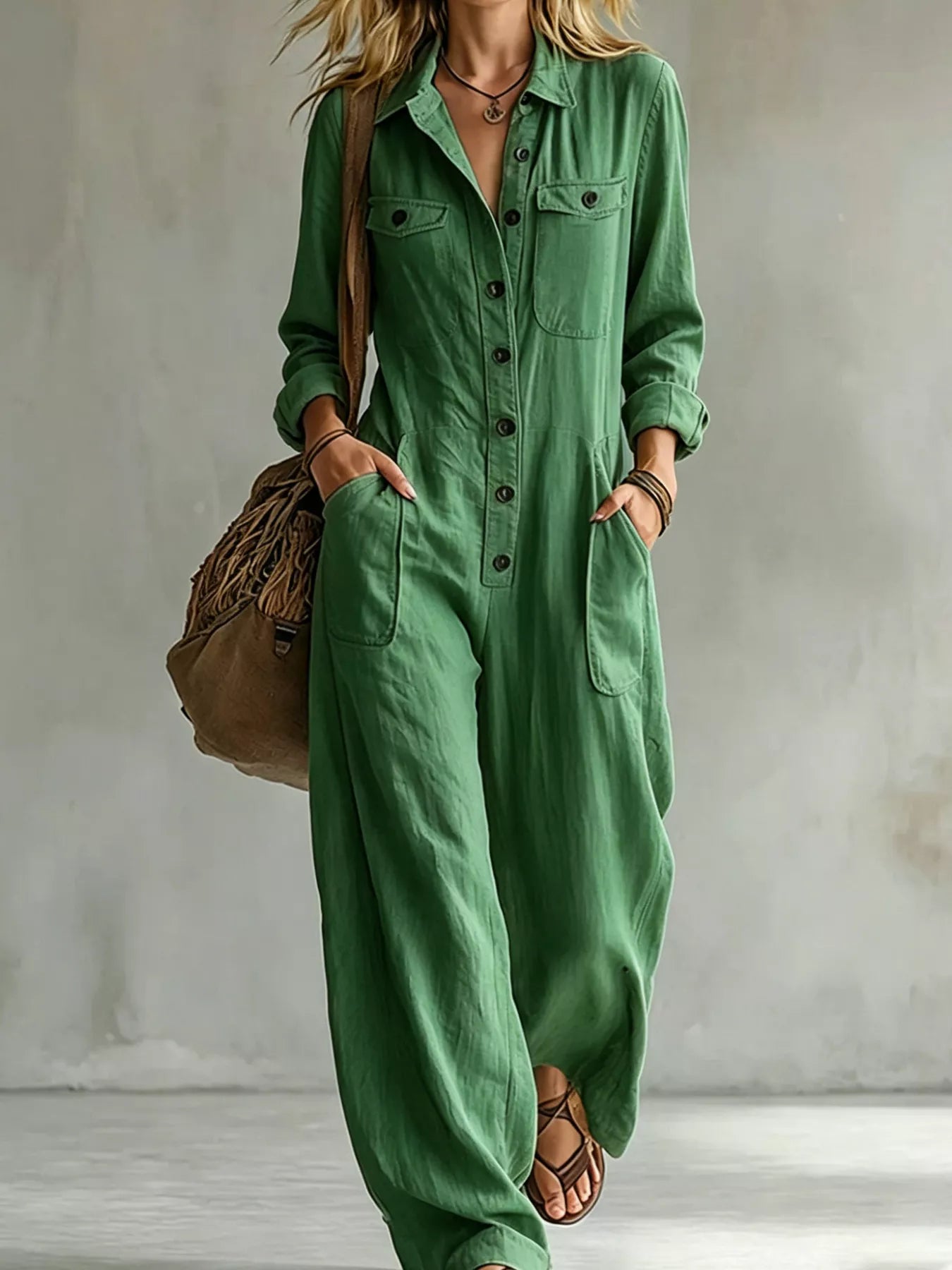 Trendsi Full Size Long Sleeve Button Front Jumpsuit Plus Size -