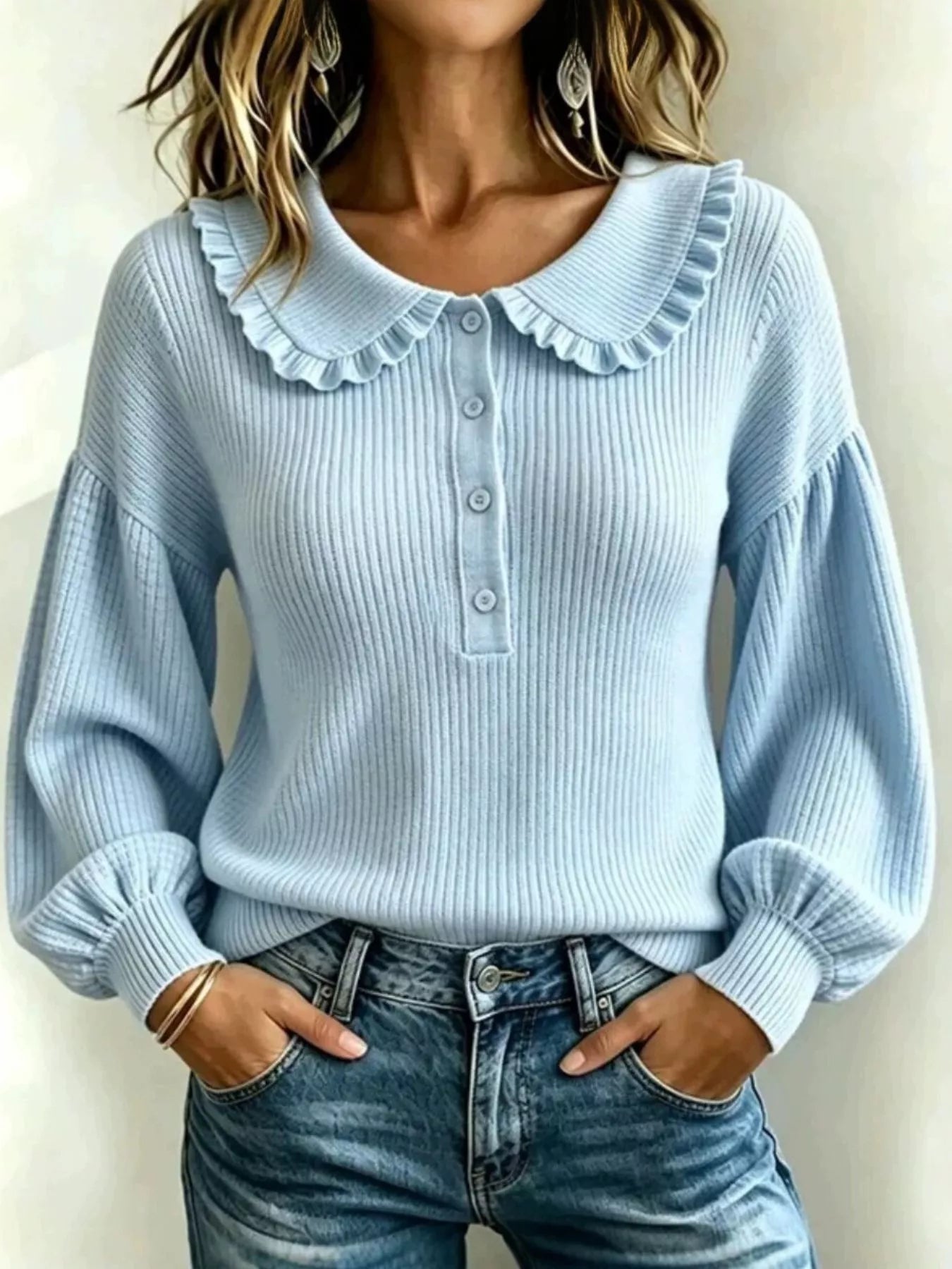 Trendsi Full Size Ruffle Collar Button Detail Sweater Plus Size -