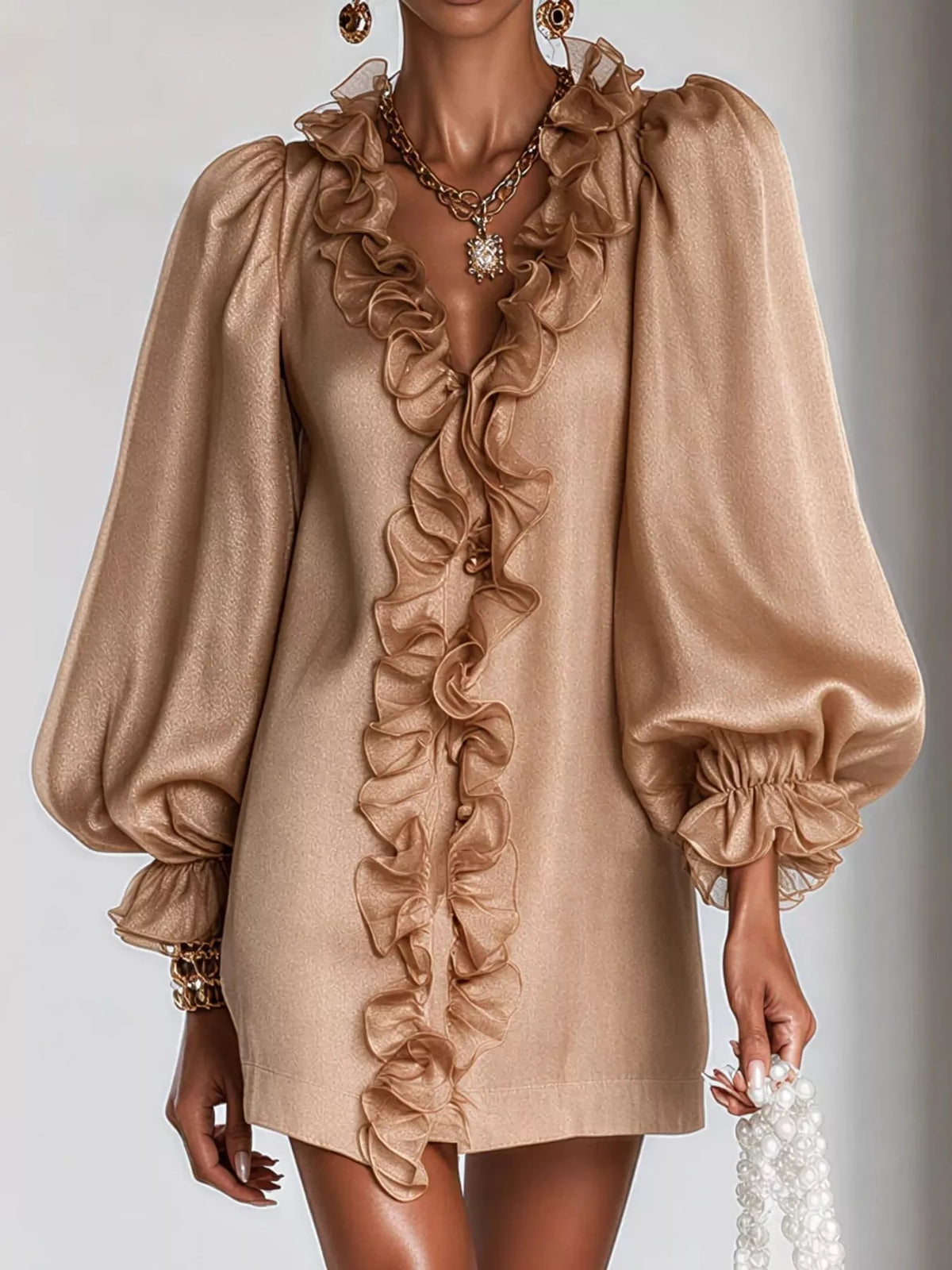 Ruffle Trim Puff Sleeve Mini Dress in champagne, front view