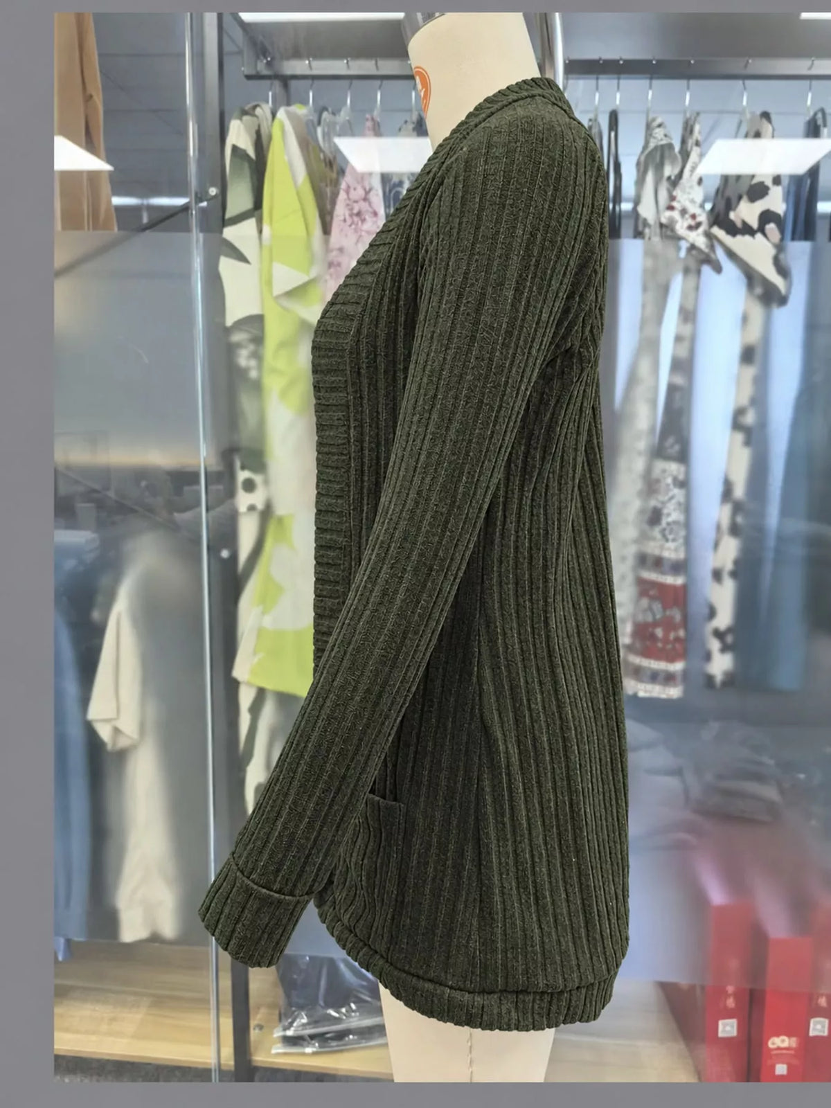 Ribbed Knit Open Front Cardigan with Pockets — side view