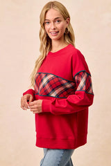 Trendsi BiBi Christmas Theme Plaid Block Sweatshirt with Binding -
