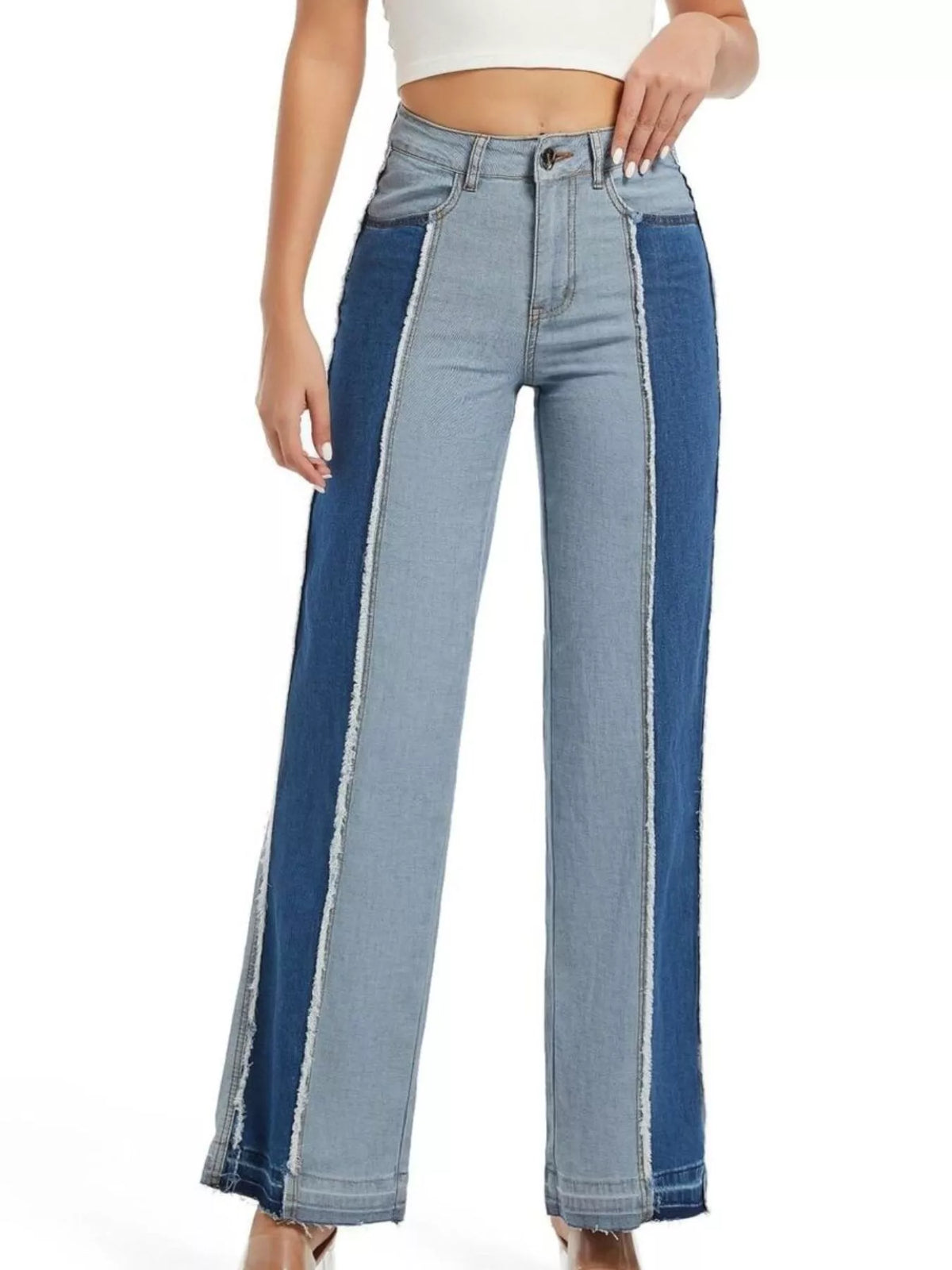 High-Waisted Two Tone Jeans in blue, front view