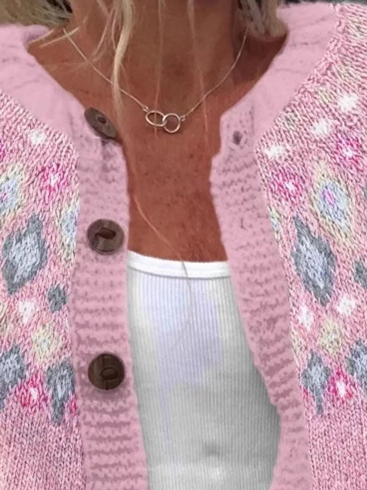 Pink-8722 patterned button-front knit cardigan