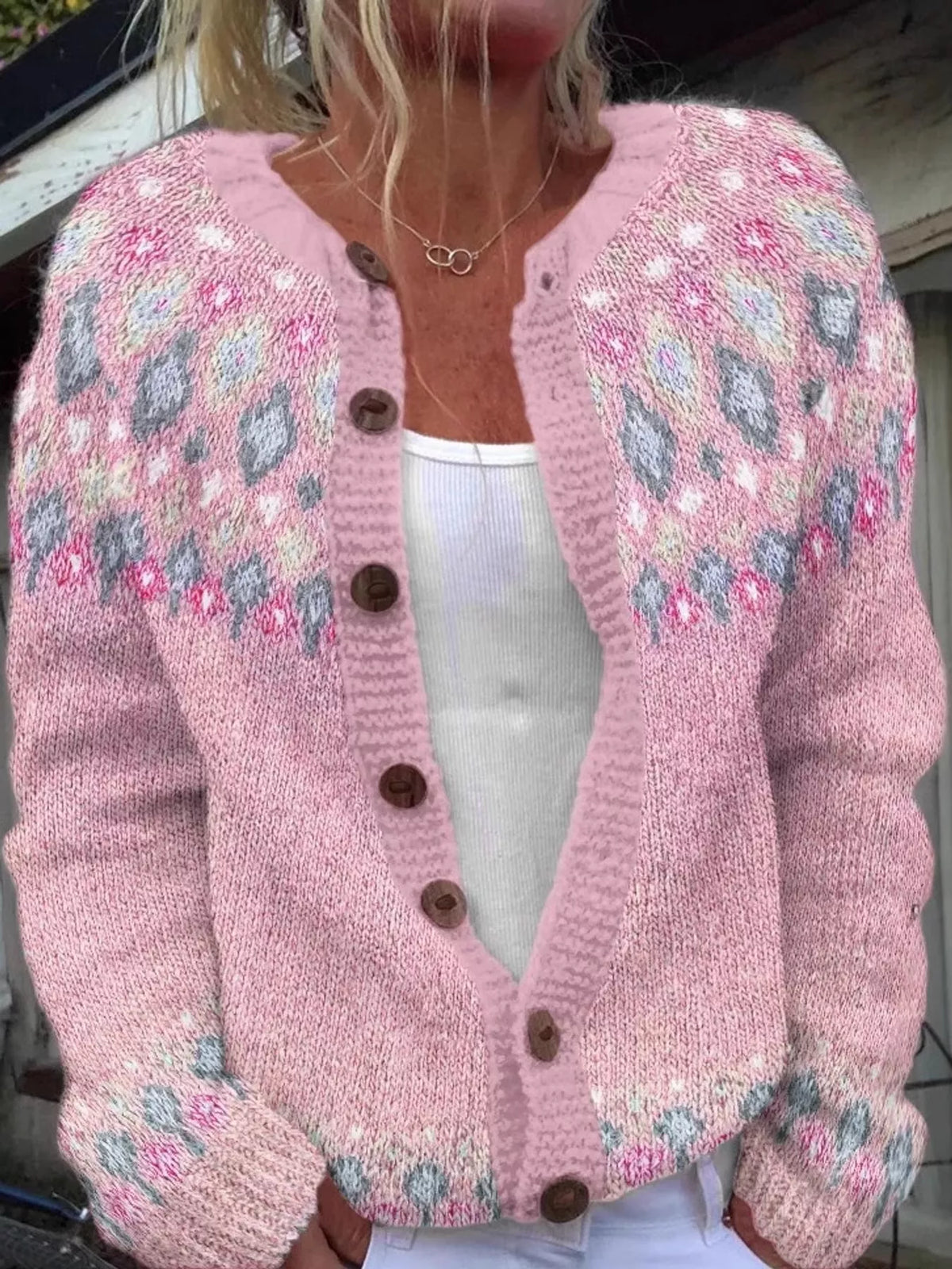 Pink-8722 patterned button-front knit cardigan