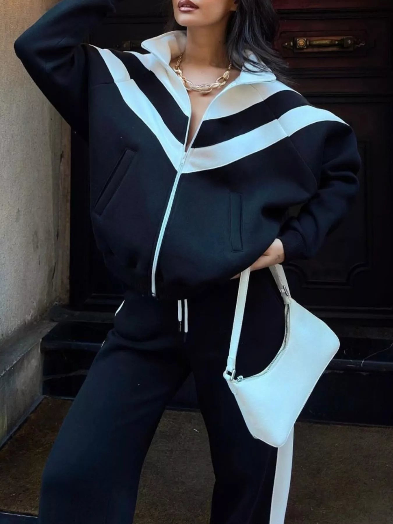 Trendsi Color Block Zip-Up Outerwear and Pants Set -