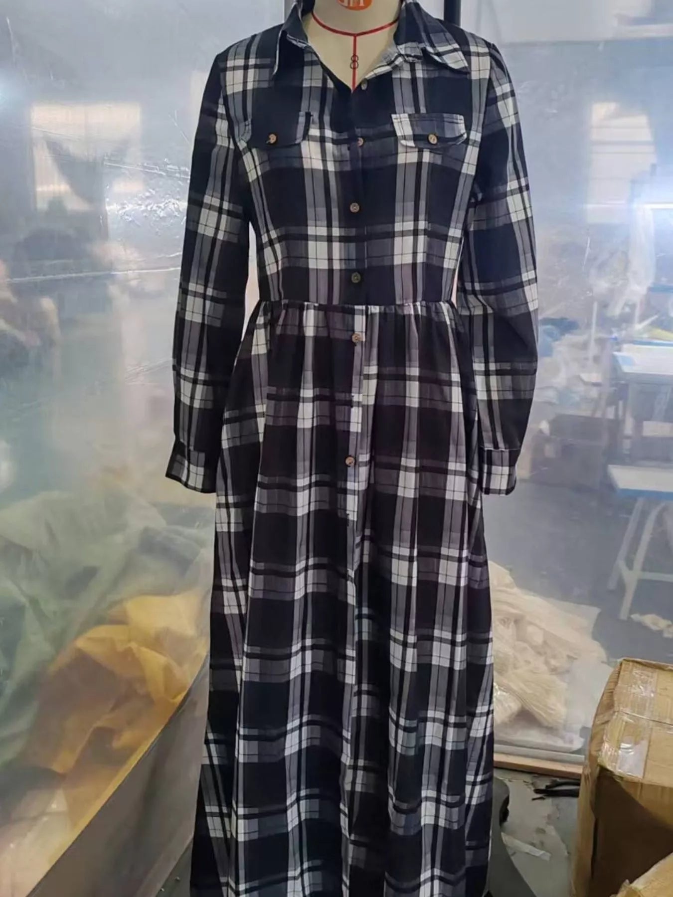 Trendsi Full Size Plaid Long Sleeve Shirt Maxi Dress Plus Size -