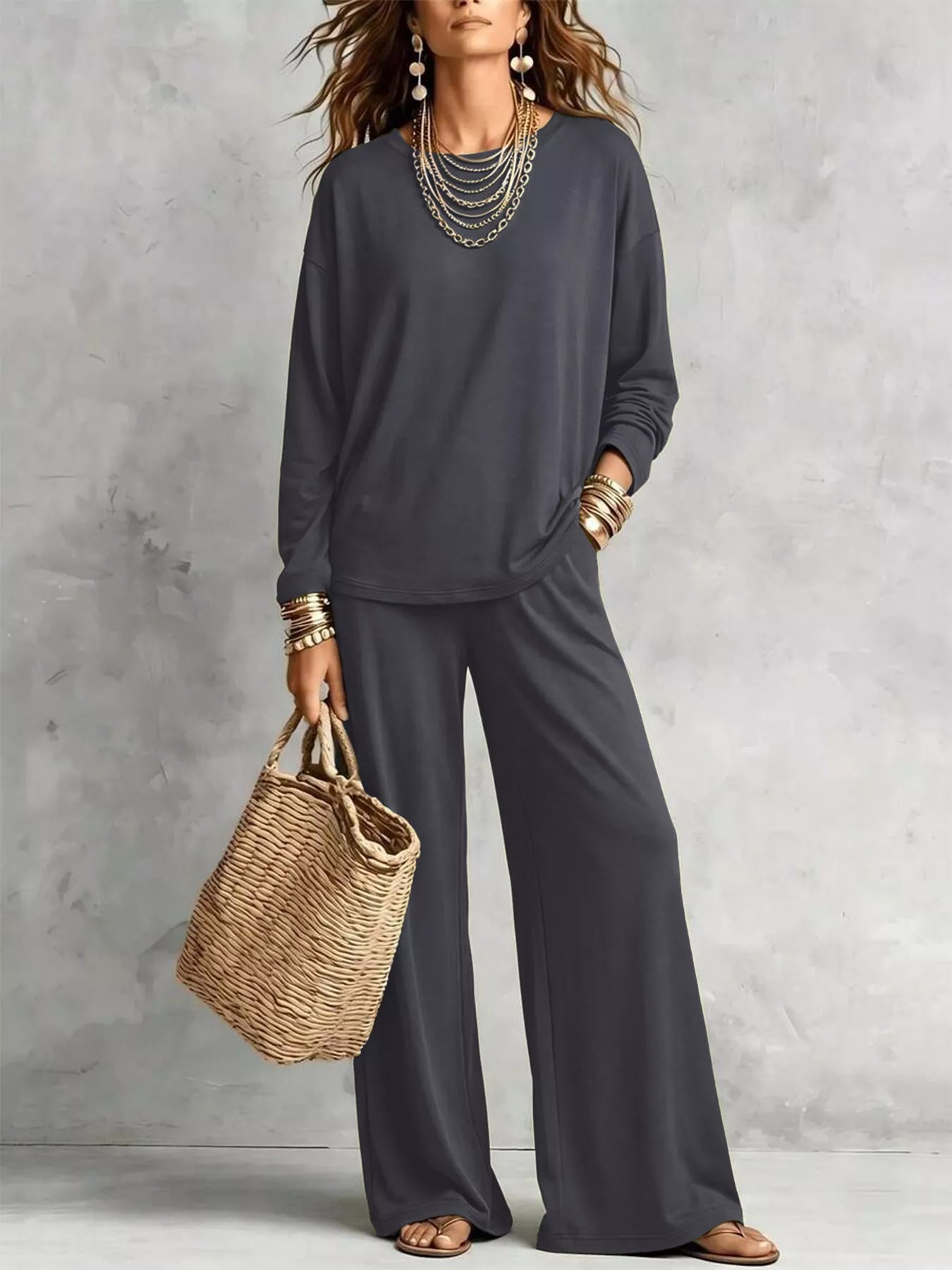 Trendsi Round Neck T-Shirt and Wide-Leg Pants Set -
