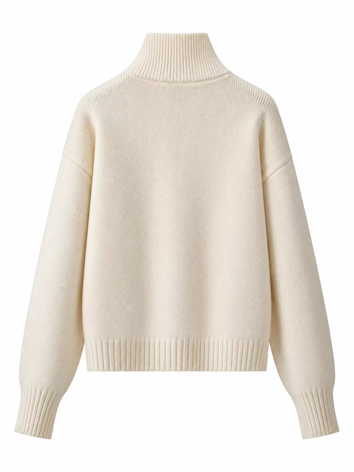 Beige turtleneck zip-up cardigan, back view