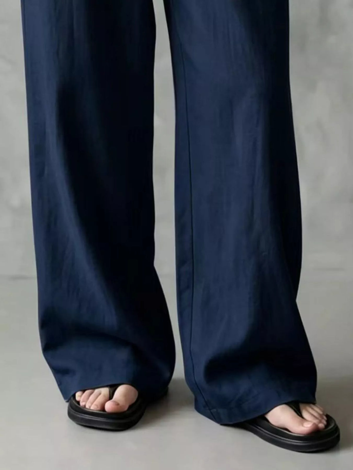 Women's Drawstring Wide-Leg Casual Pants in navy — hem detail view