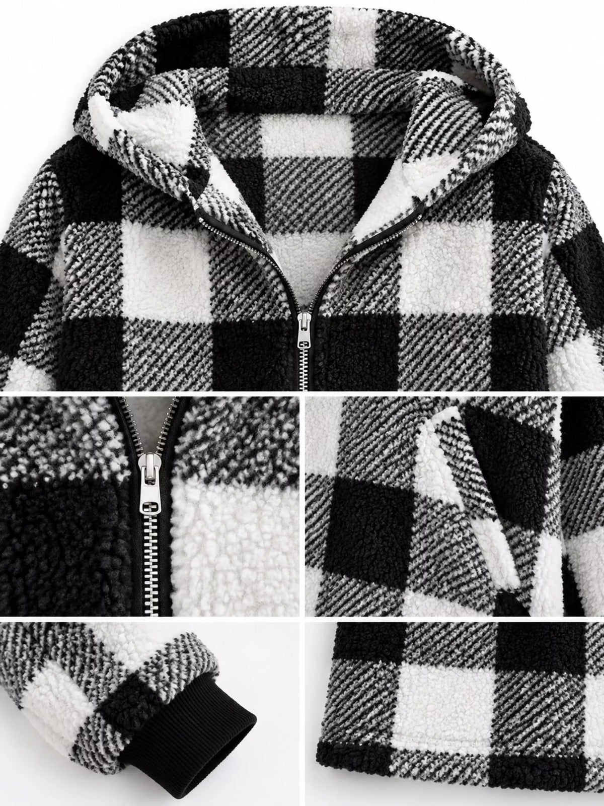 Black and white plaid sherpa hooded zip up jacket, detail view