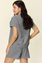 Trendsi Double Take Full Size Texture Short Sleeve T-Shirt and Drawstring Shorts Set - Shorts