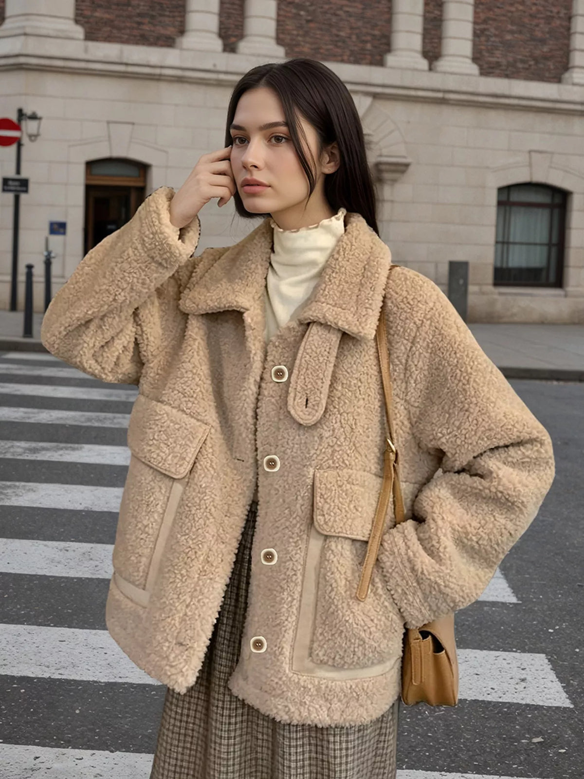 Camel Color Sherpa Button-Up Outerwear close-up view