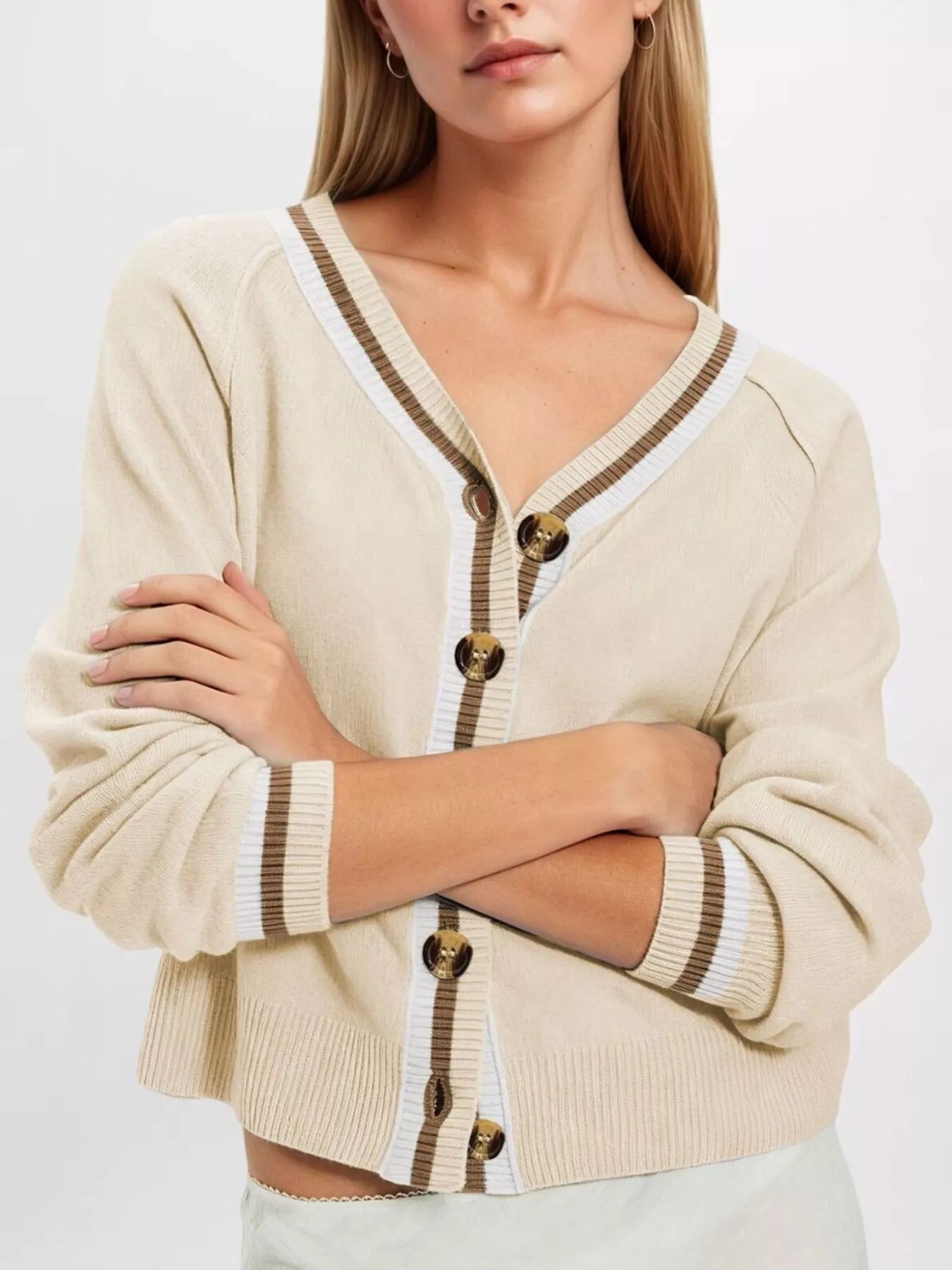Trendsi Striped Trim Button-Down Cardigan -