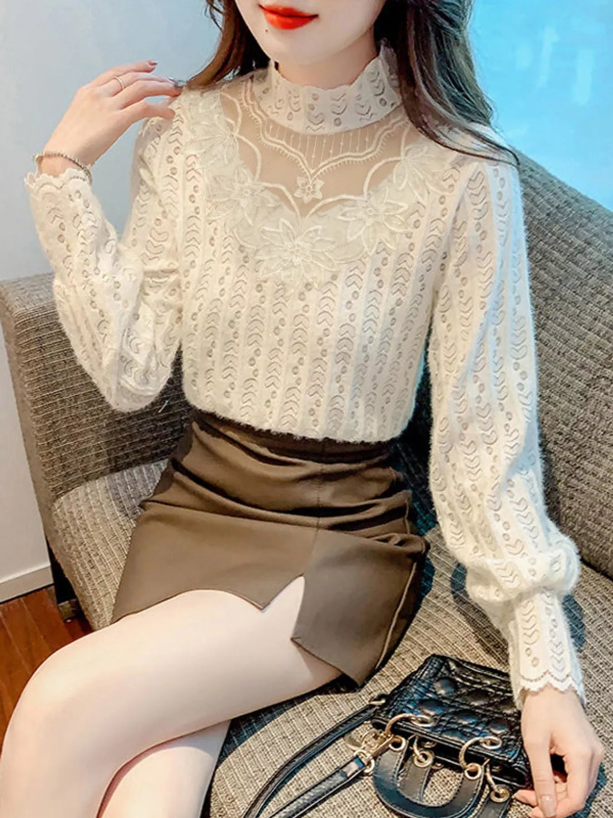 Apricot-Double Layer Lined Opaque mock neck sheer floral lace blouse