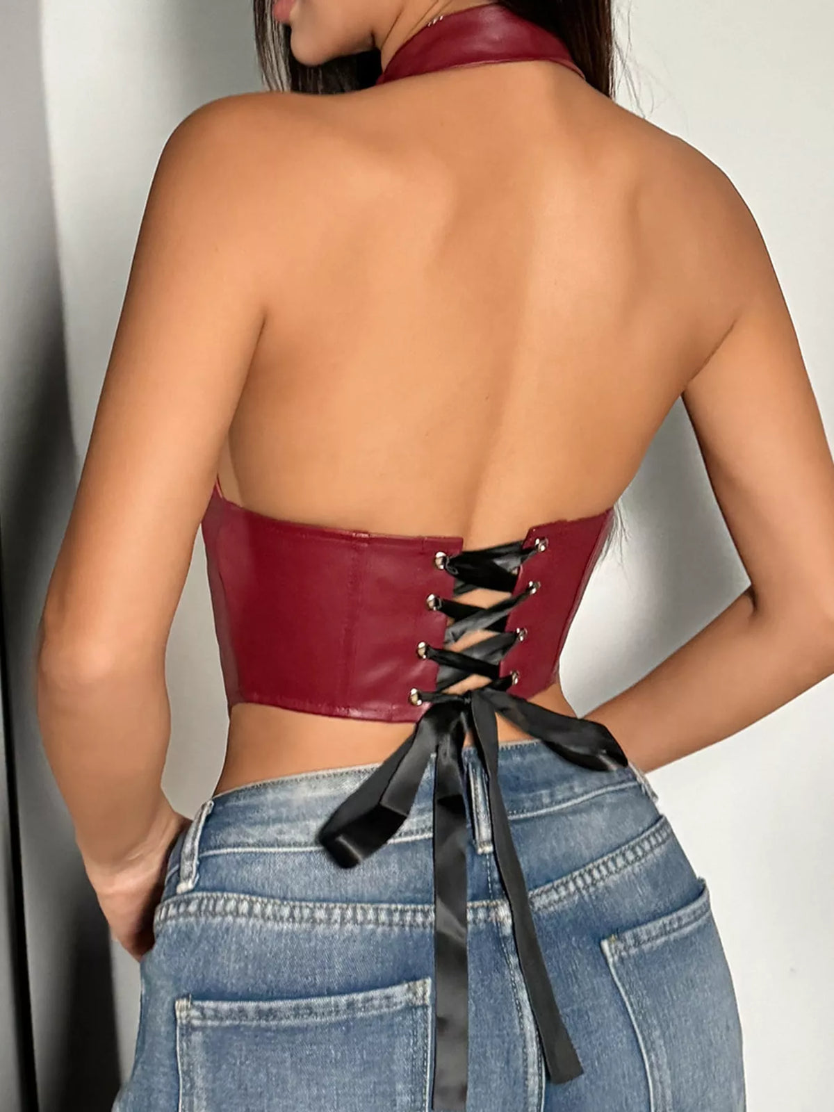 Lace-Up Back Halter Neck Cami — back view