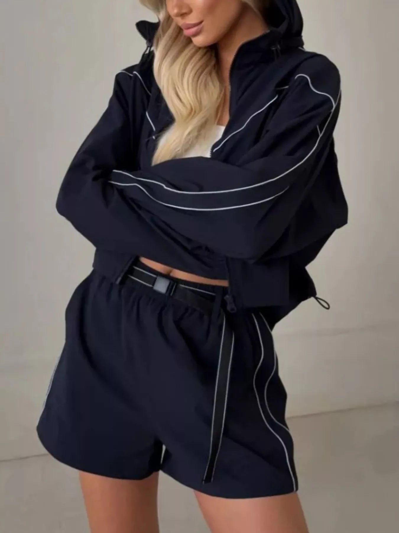 Trendsi Drawstring Zip-Up Jacket and Shorts Set -