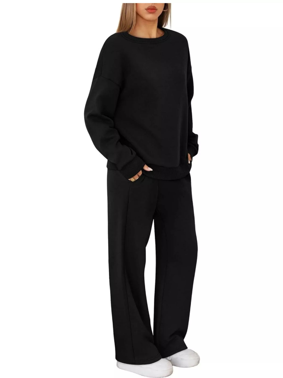 Crewneck Drop Shoulder Sweatshirt and Wide-Leg Pants Set — front view