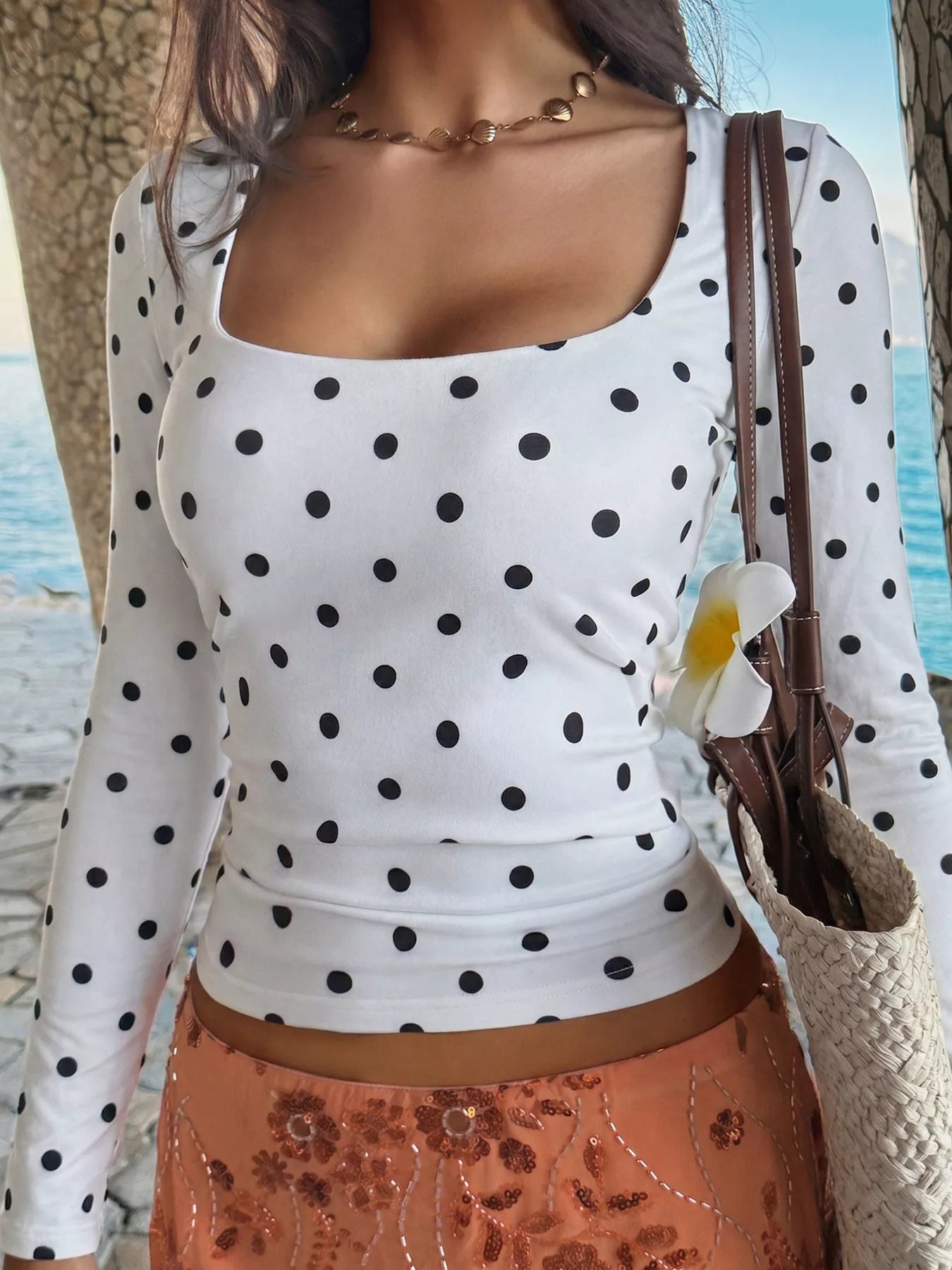 Trendsi Polka Dot Square Neck Long Sleeve T-Shirt -
