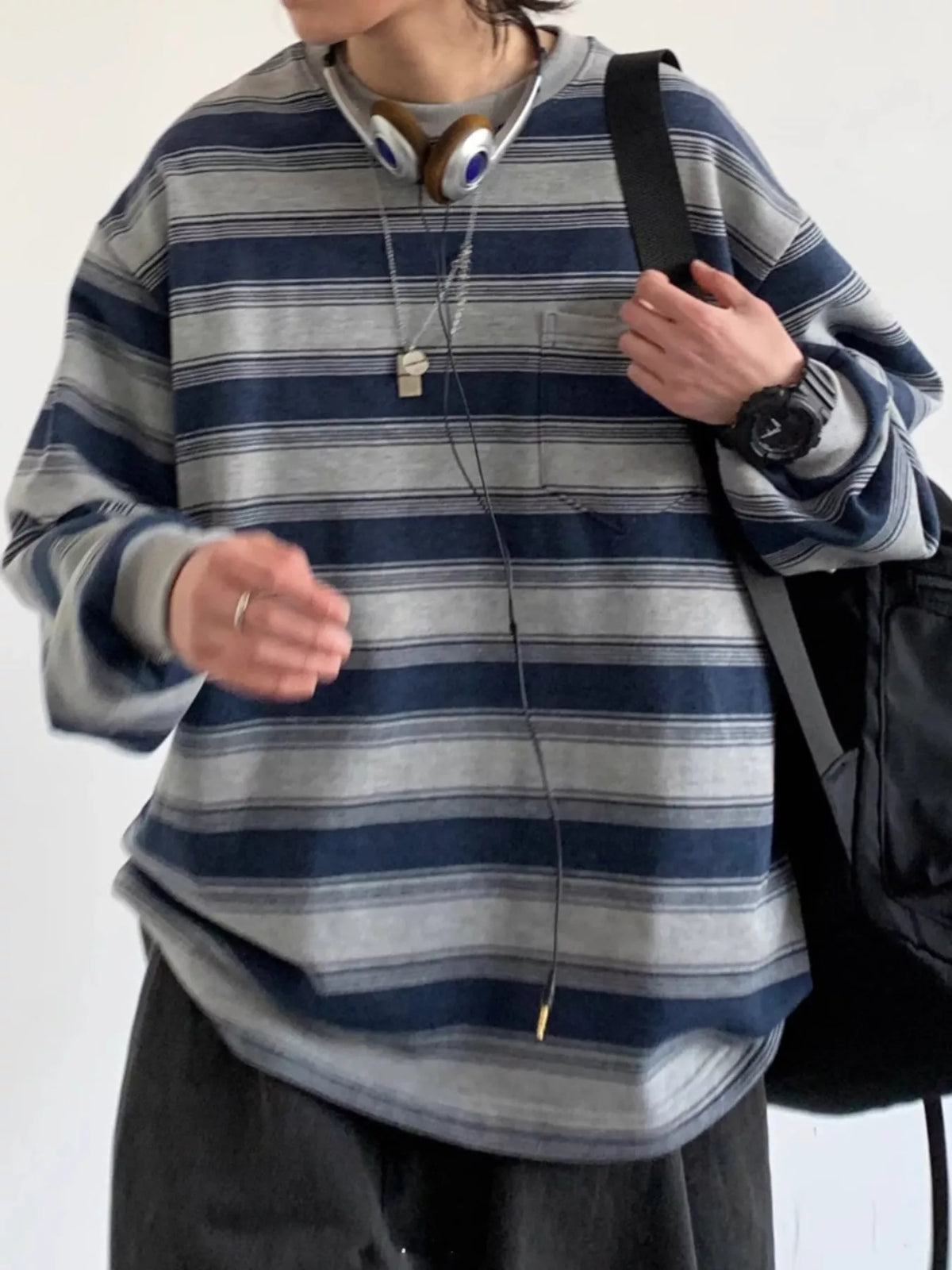 Women's Oversized Striped Crewneck Sweatshirt with Chest Pocket in blue and gray — front view