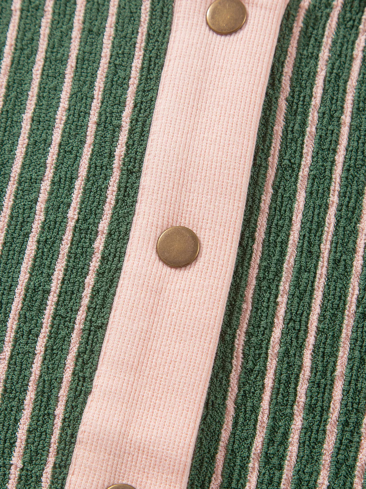 Button placket on green and pink striped striped round neck patchwork cardigan