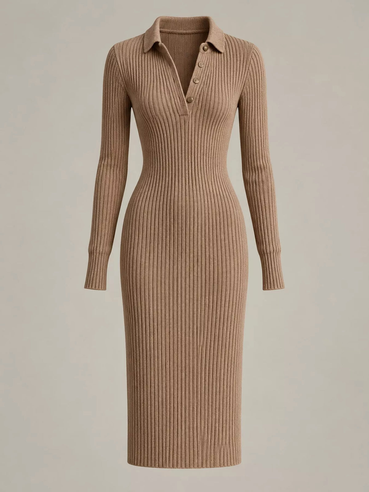 Ribbed Knit Polo Sweater Dress in taupe
