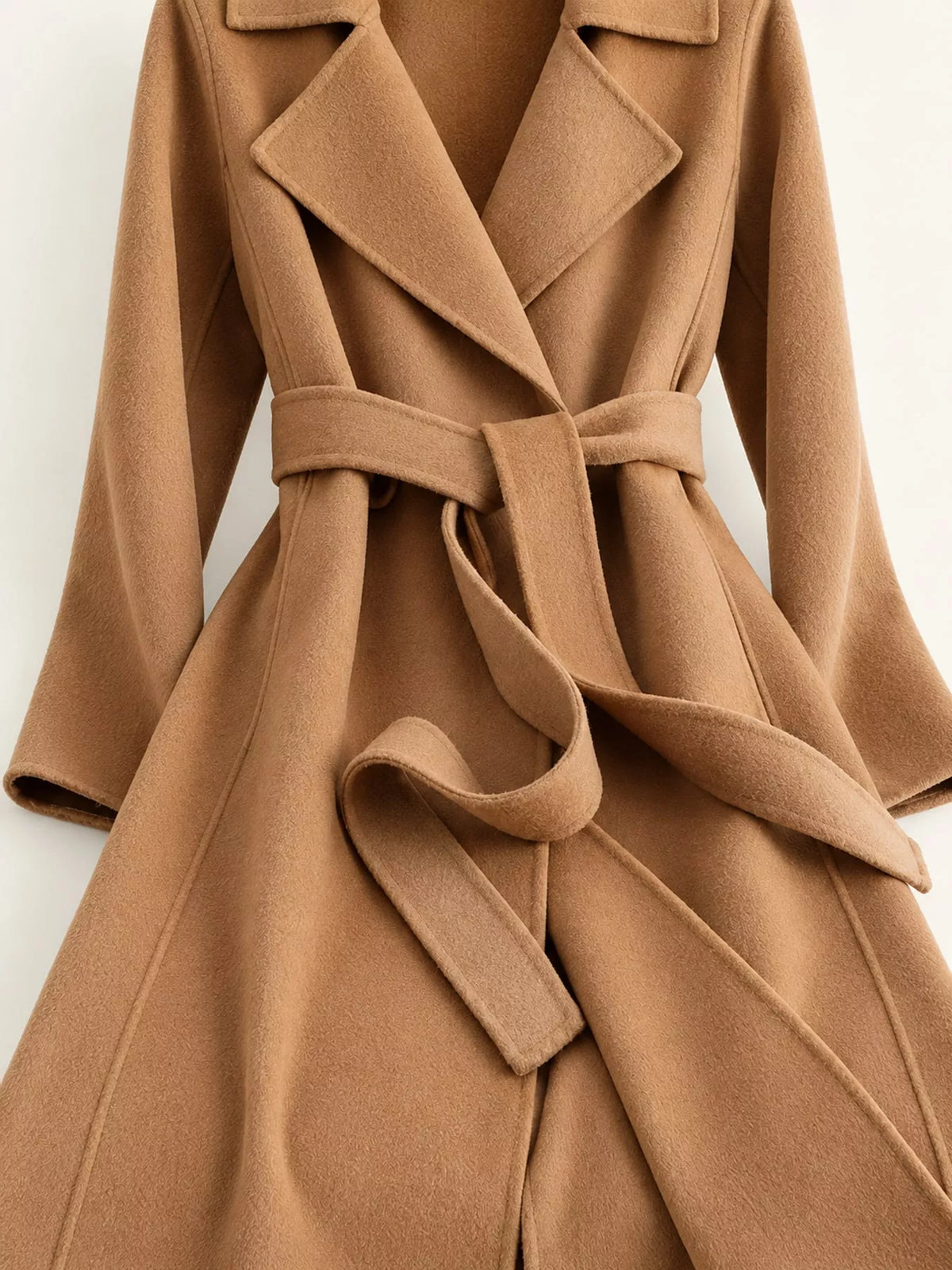 Camel belted longline wool coat, notch lapels, tie belt, and side pockets