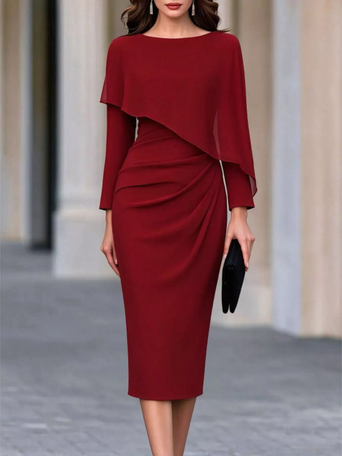 Burgundy cape-style bodycon midi dress
