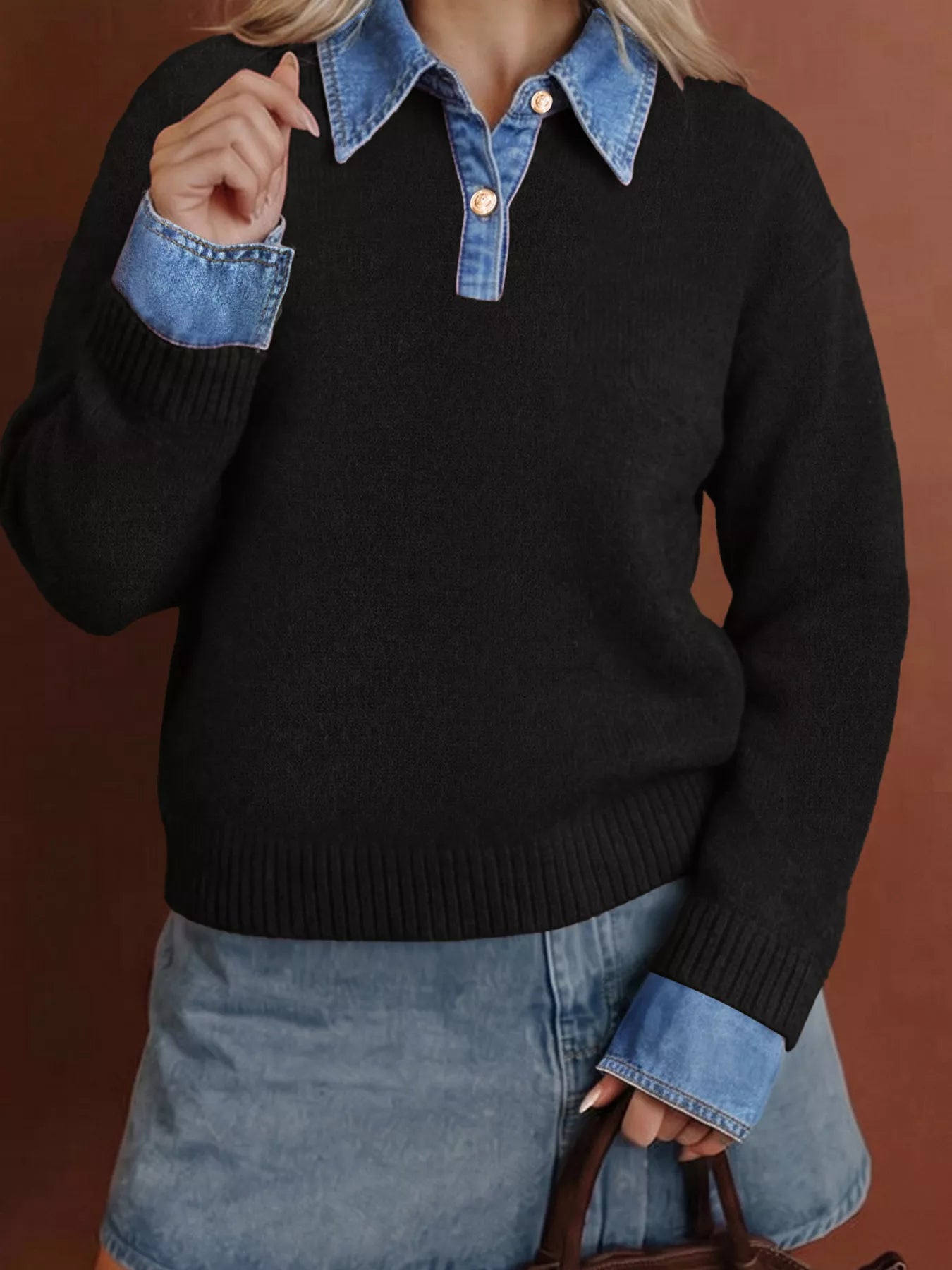 Trendsi Denim Patchwork Collar Cuffed Casual Sweater -