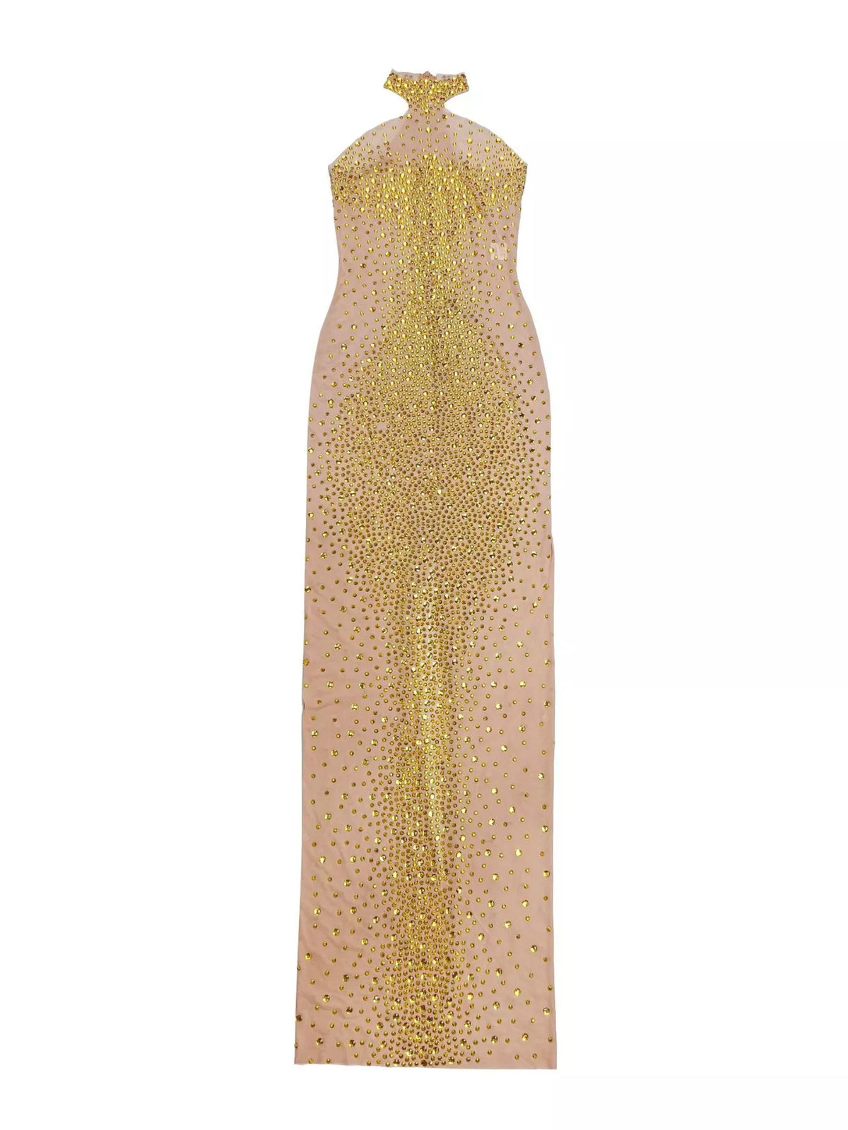 Gold rhinestone mesh maxi dress with back slit, front on dress form.