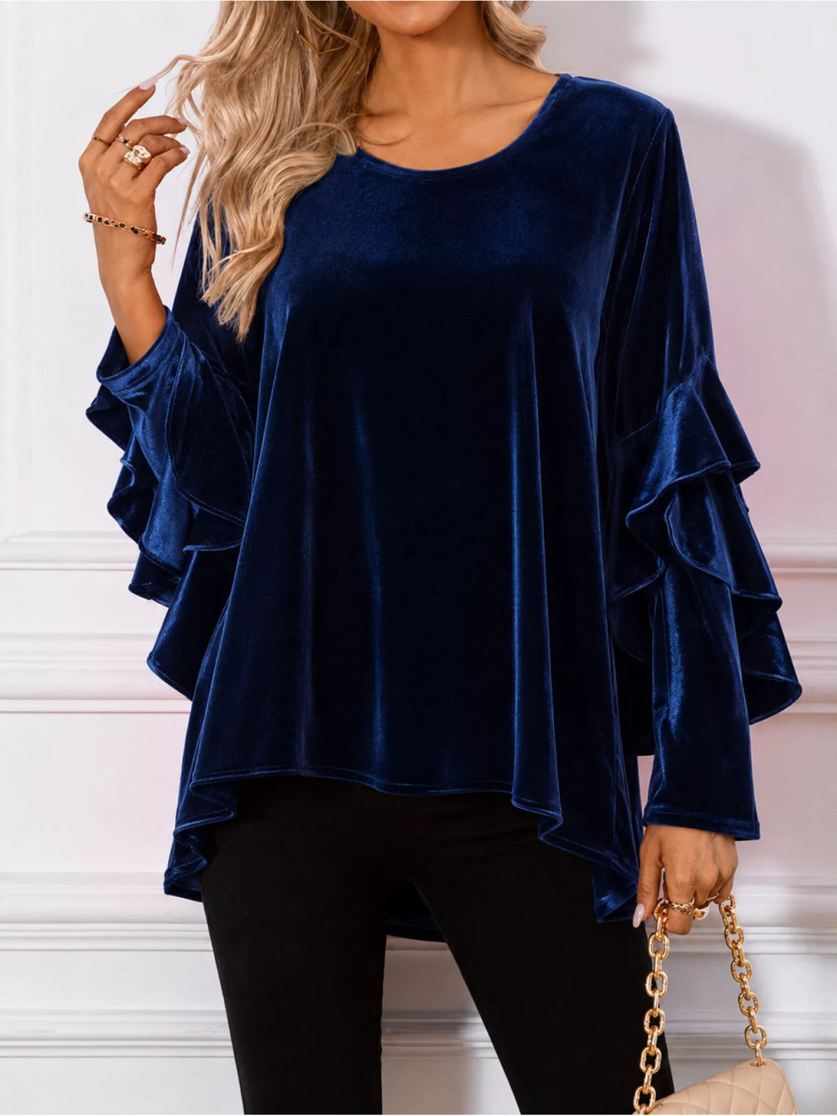 Women's Velvet Round Neck Ruffle Sleeve Top in Black Forest, front view