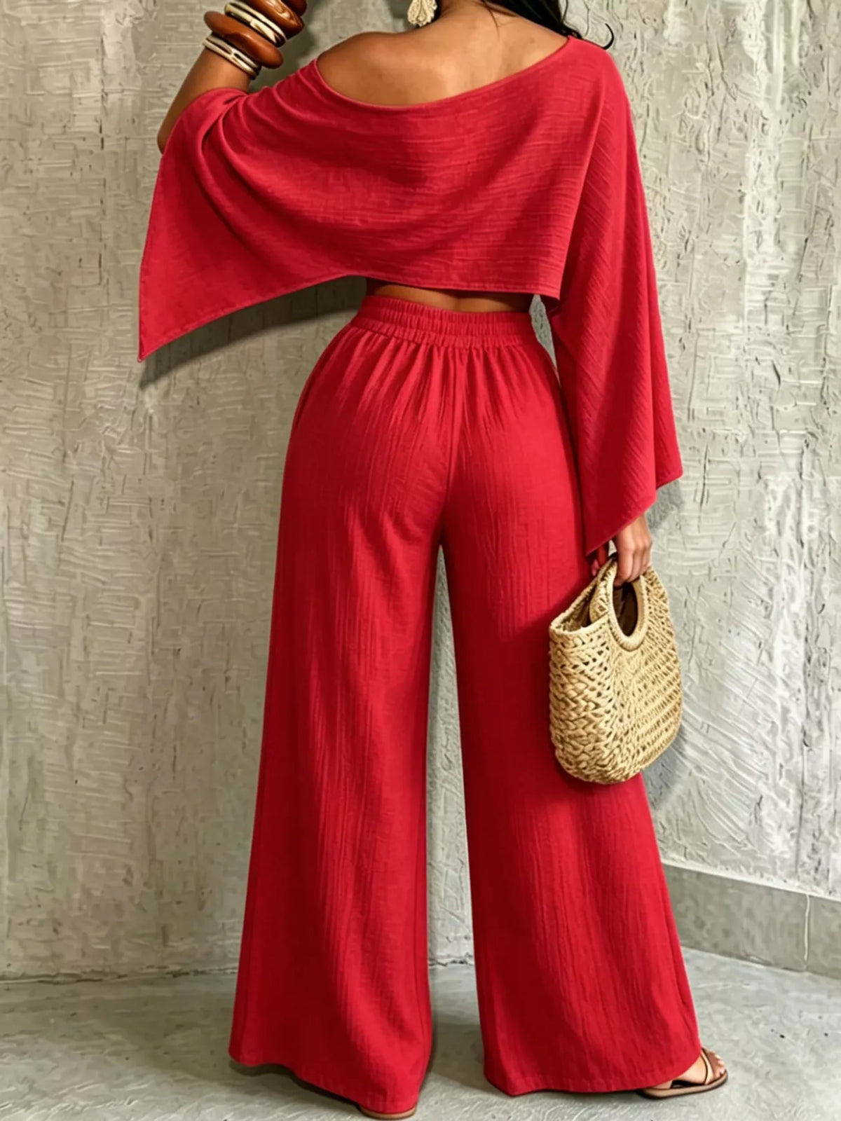 Women's Boat Neck Crop Top and Wide-Leg Pants Set in red — front view