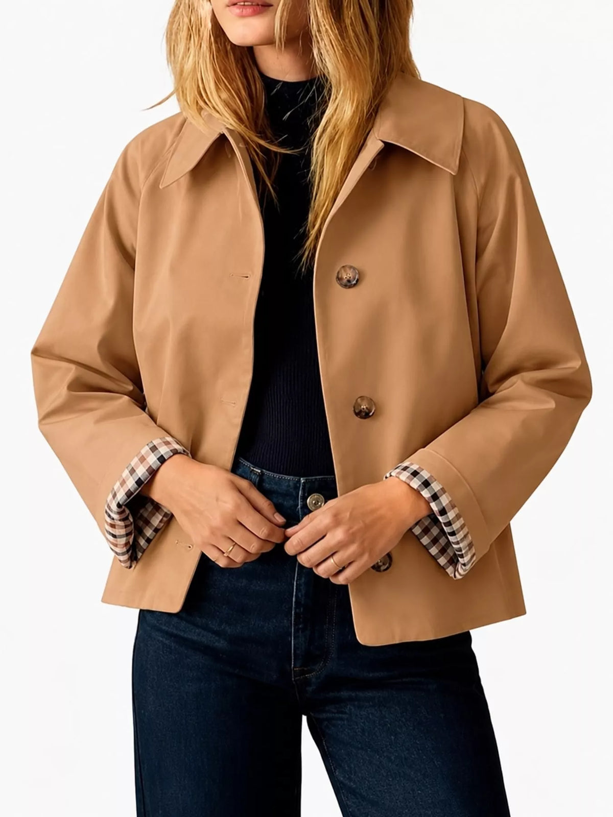 Cropped trench jacket, tan front
