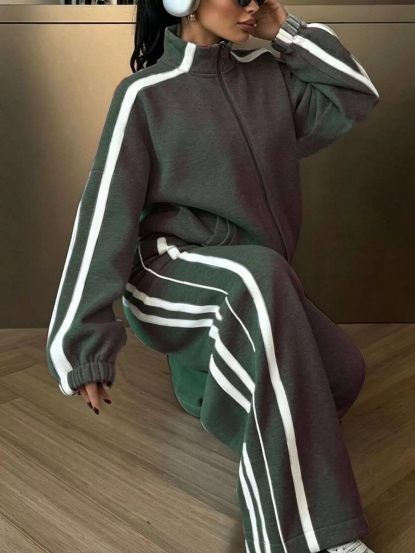 Trendsi Side Stripes Zip Up Top and Pants Set -