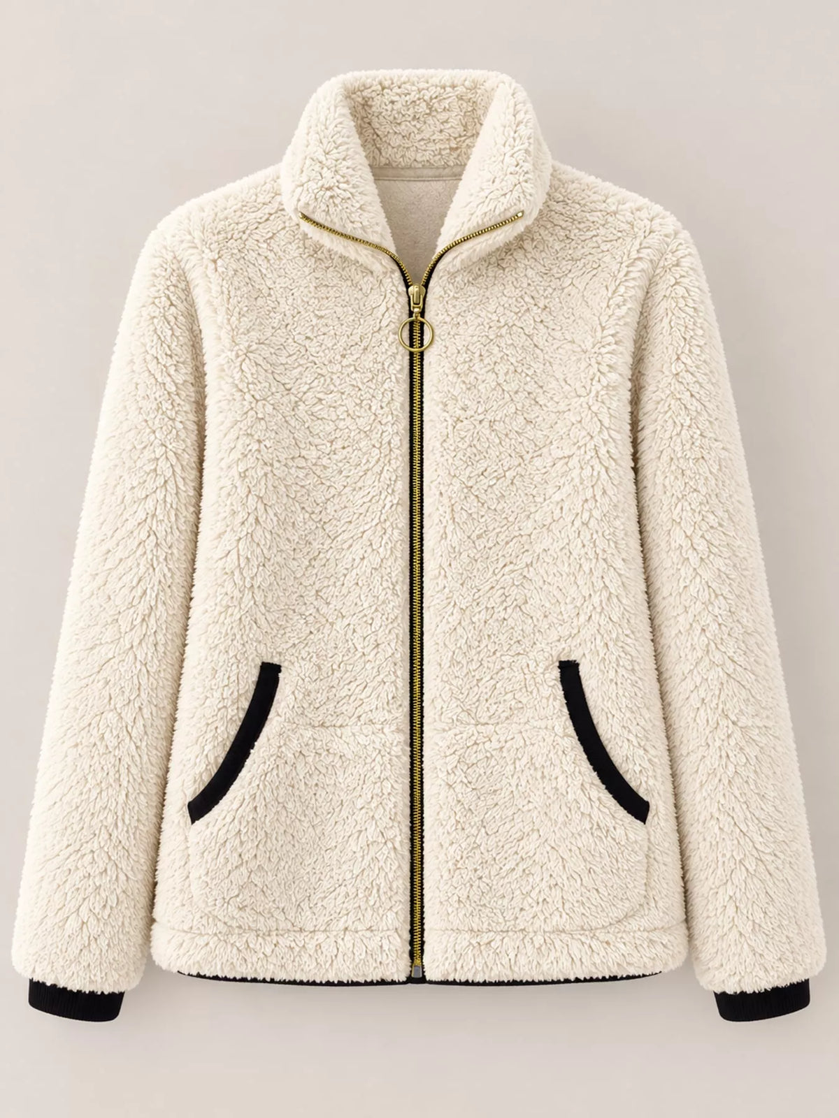 Contrast-trim fleece jacket, cream hanging front