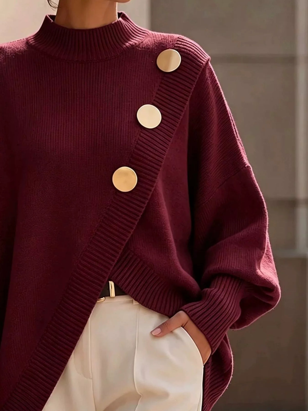 Asymmetric Button-Decorated Sweater — construction details