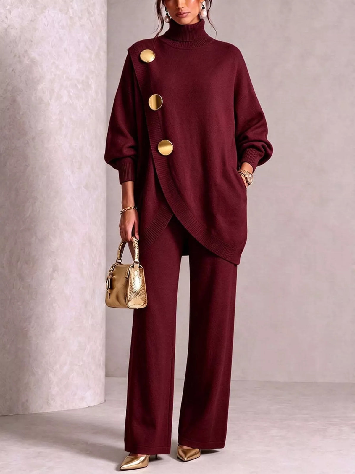 Turtleneck Asymmetric Sweater and Pants Set, front view