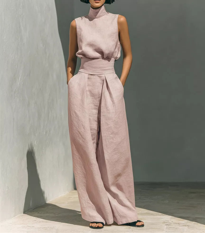 Turtleneck sleeveless top and wide-leg pants set
