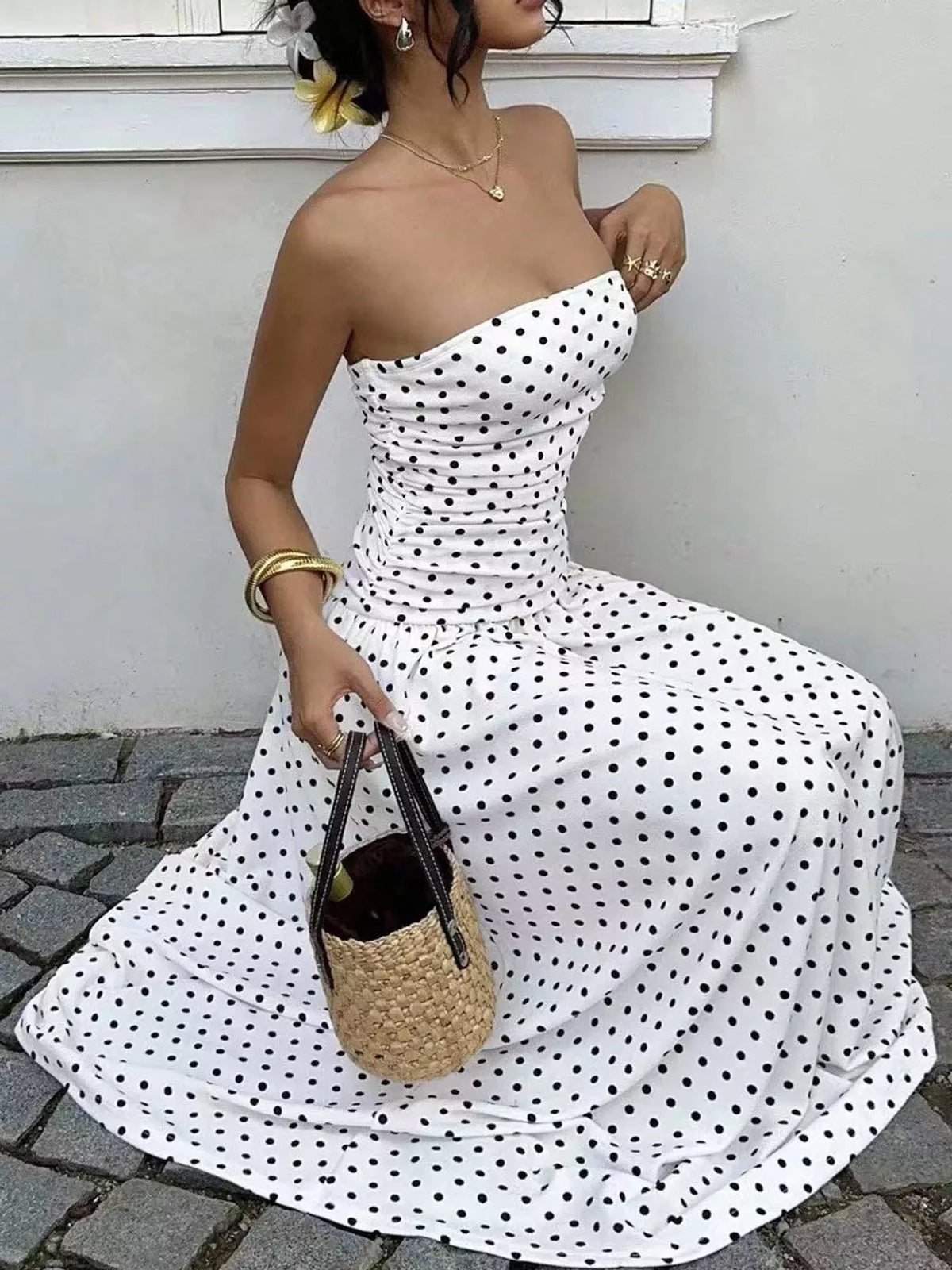 Women's Strapless Polka Dot Ruched Maxi Dress in white dots — front view